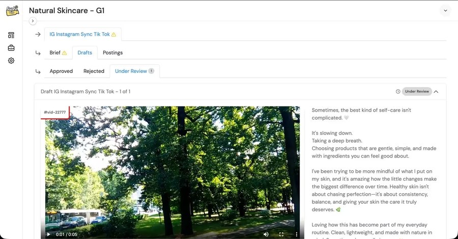 SushiVid platform content review dashboard showing a draft under review before approval